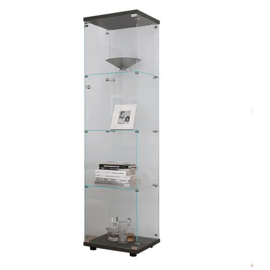 Tall glass display cabinet with four shelves ideal for showcasing collectibles