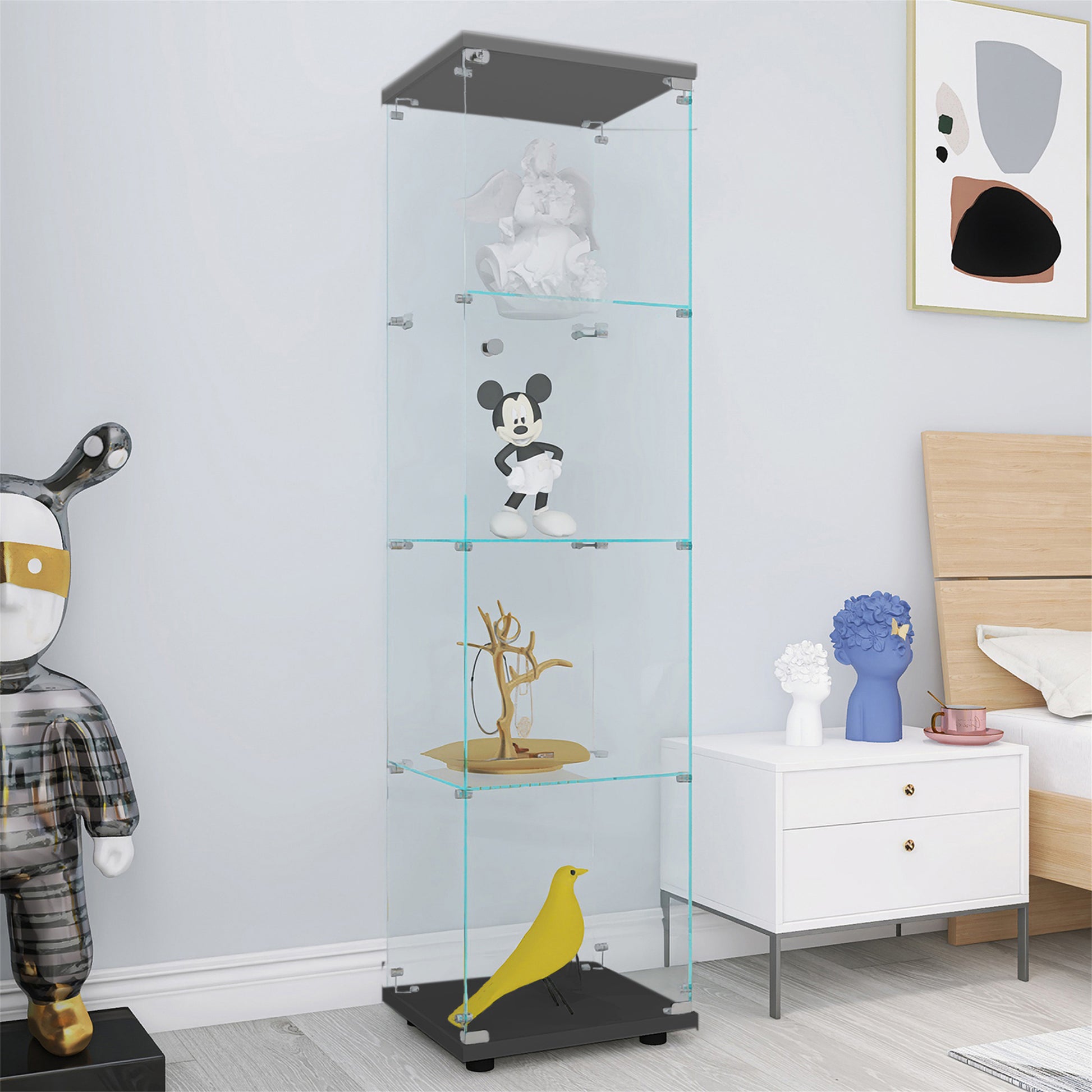 Modern glass display cabinet showcasing angel figurine Mickey Mouse and jewelry tree