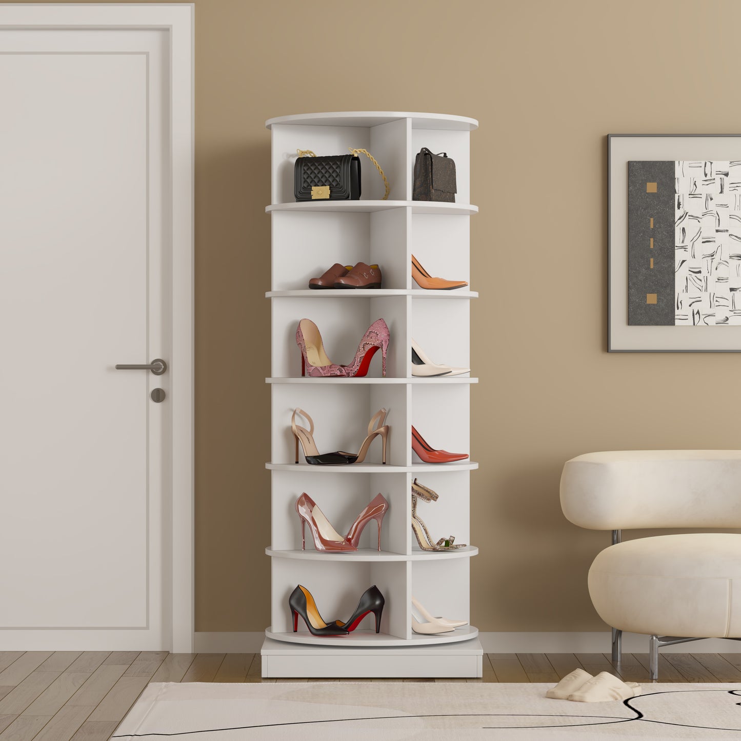 White rotating shoe rack displaying various high heels and handbags