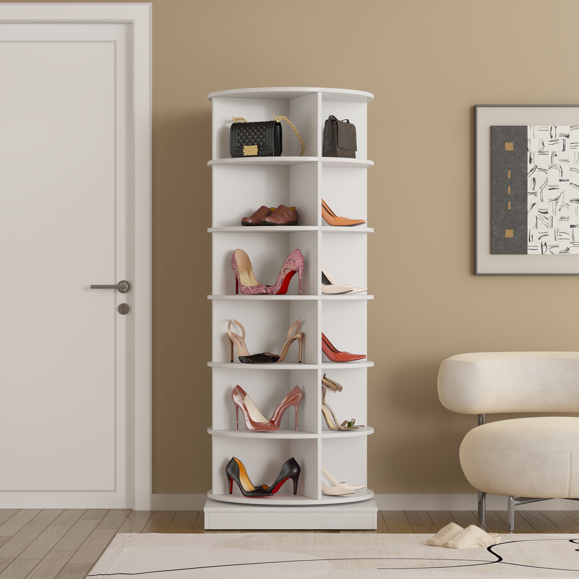 White rotating shoe rack displaying various high heels and handbags