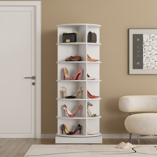 White rotating shoe rack displaying various high heels and handbags