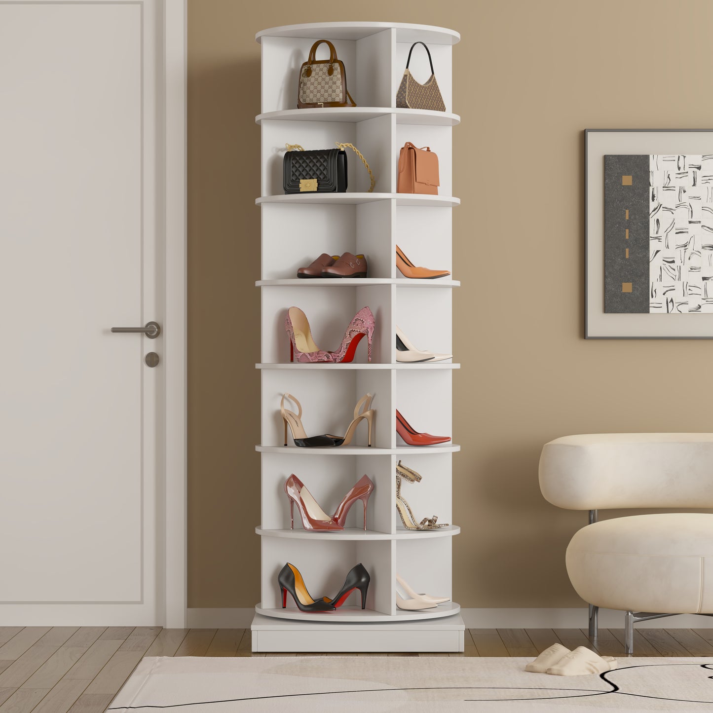 White rotating shoe rack displaying designer handbags and various high heels