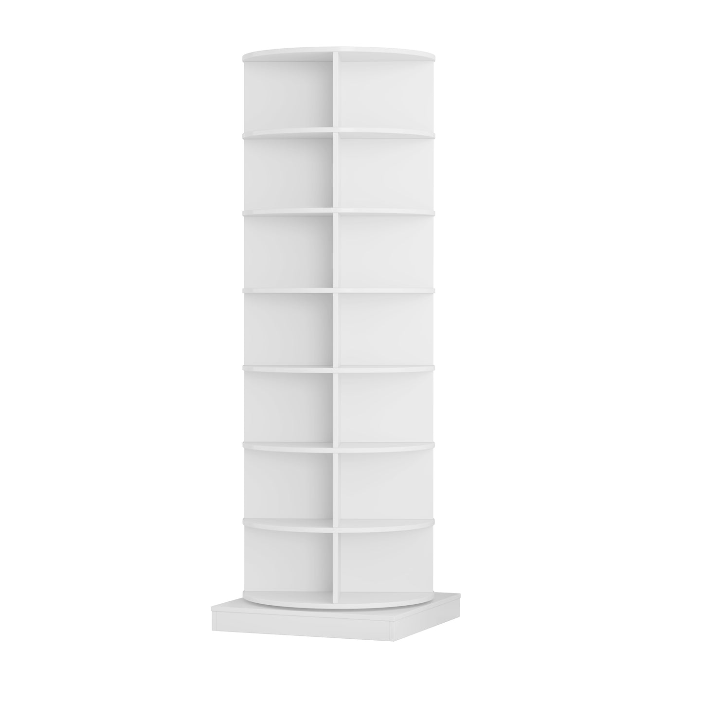 White tiered rotating display shelf with curved shelves