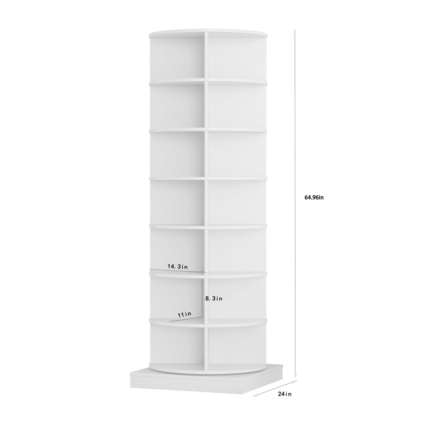 White rotating bookshelf with eight shelves
