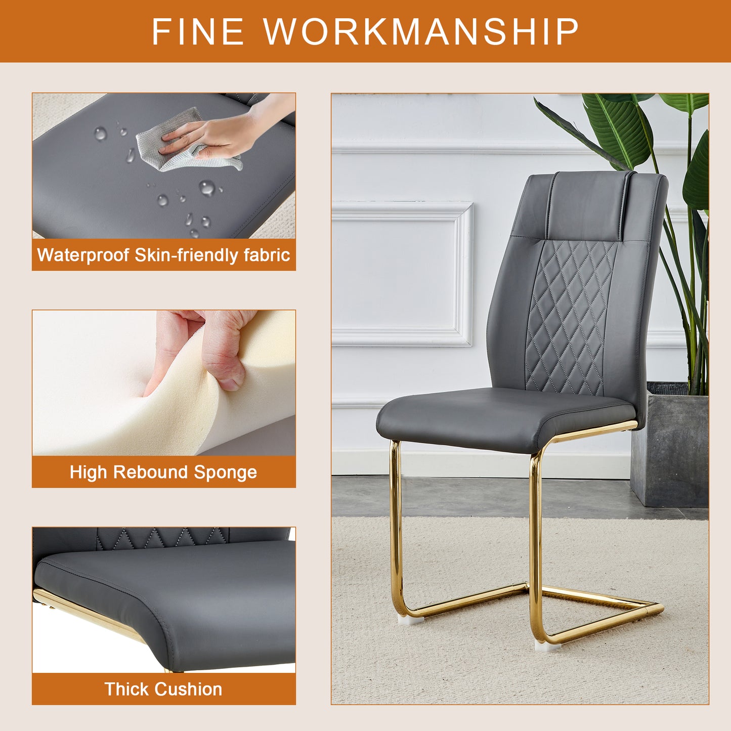 Gray faux leather cantilever dining chair with diamond stitching