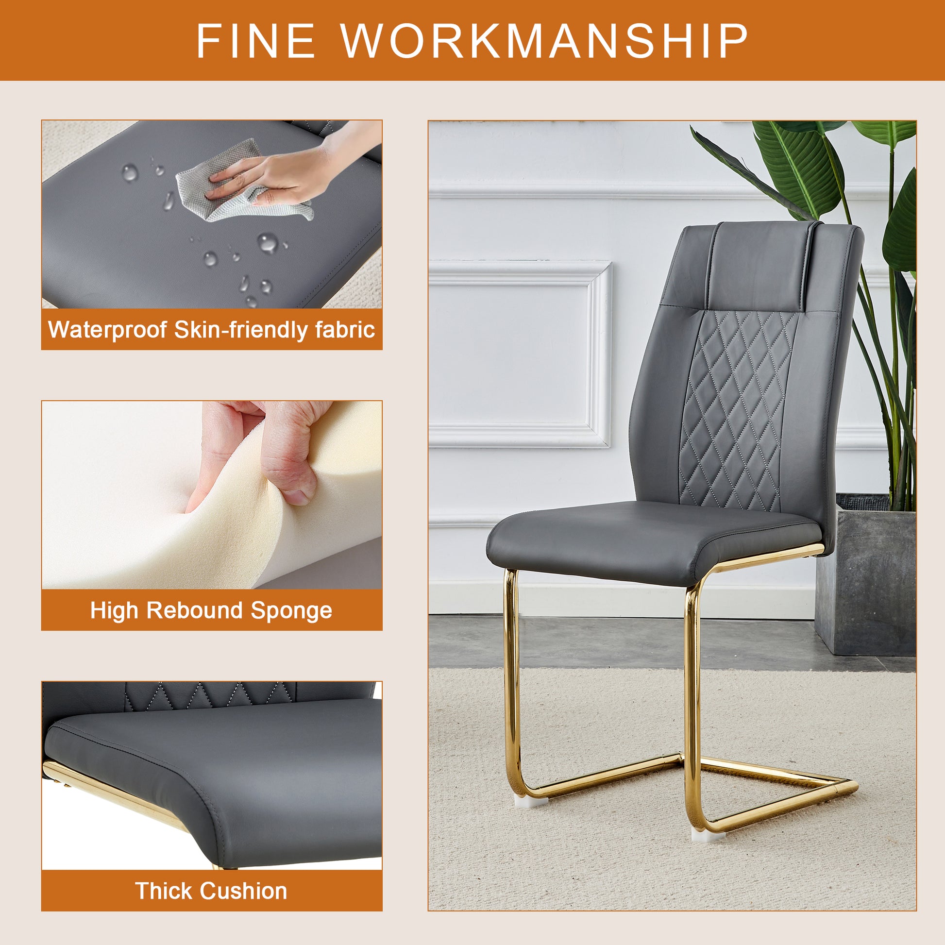 Gray faux leather cantilever dining chair with diamond stitching