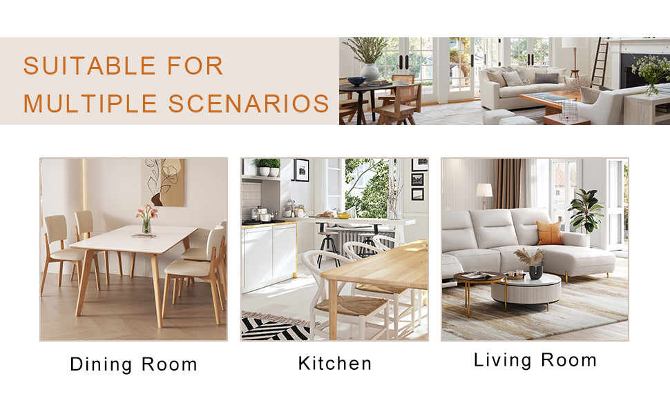 White rectangular dining table with four upholstered chairs in a dining room