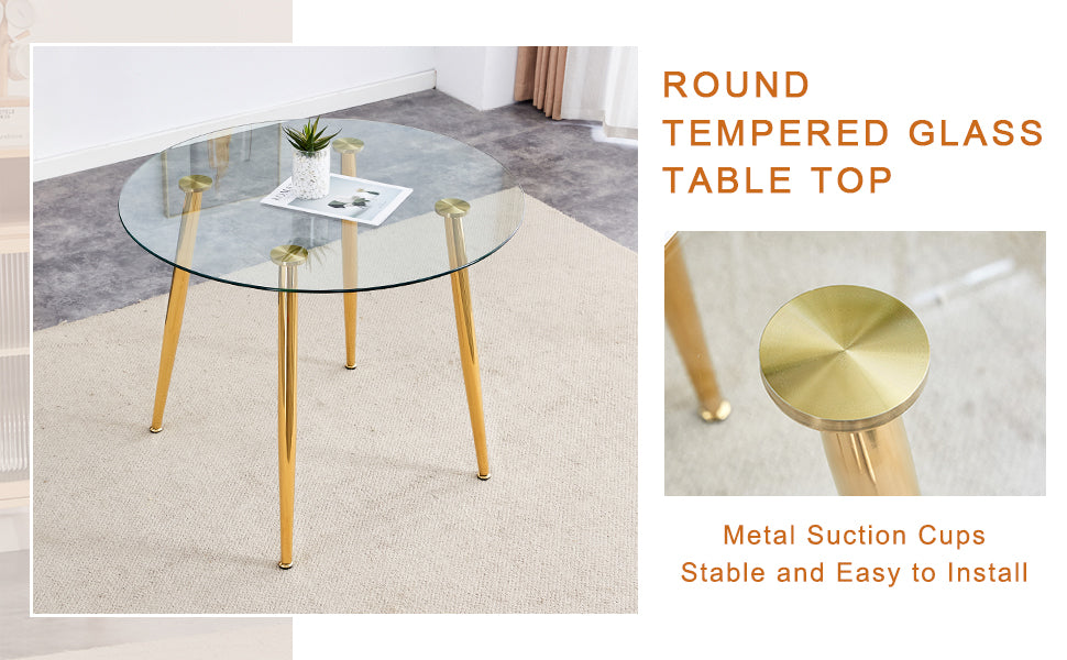 Round tempered glass dining table with gold metal legs