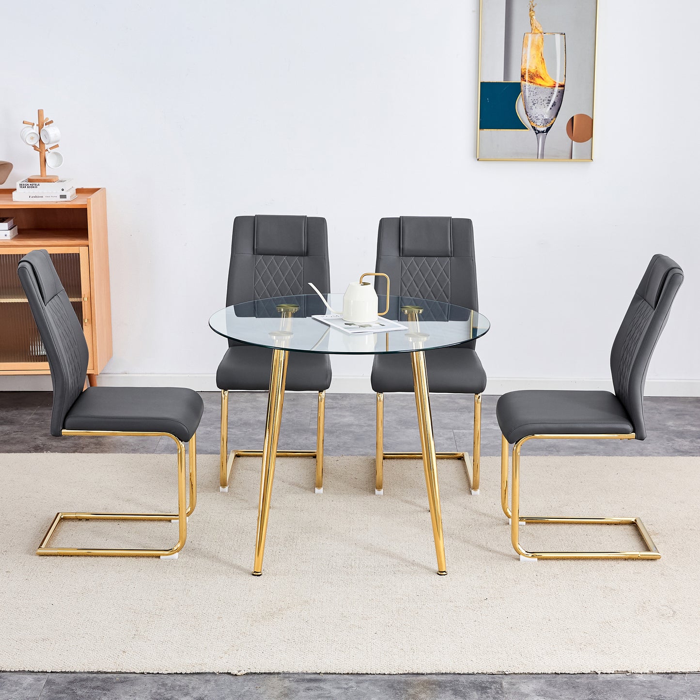 Gray faux leather dining chairs with diamond stitching and gold metal legs