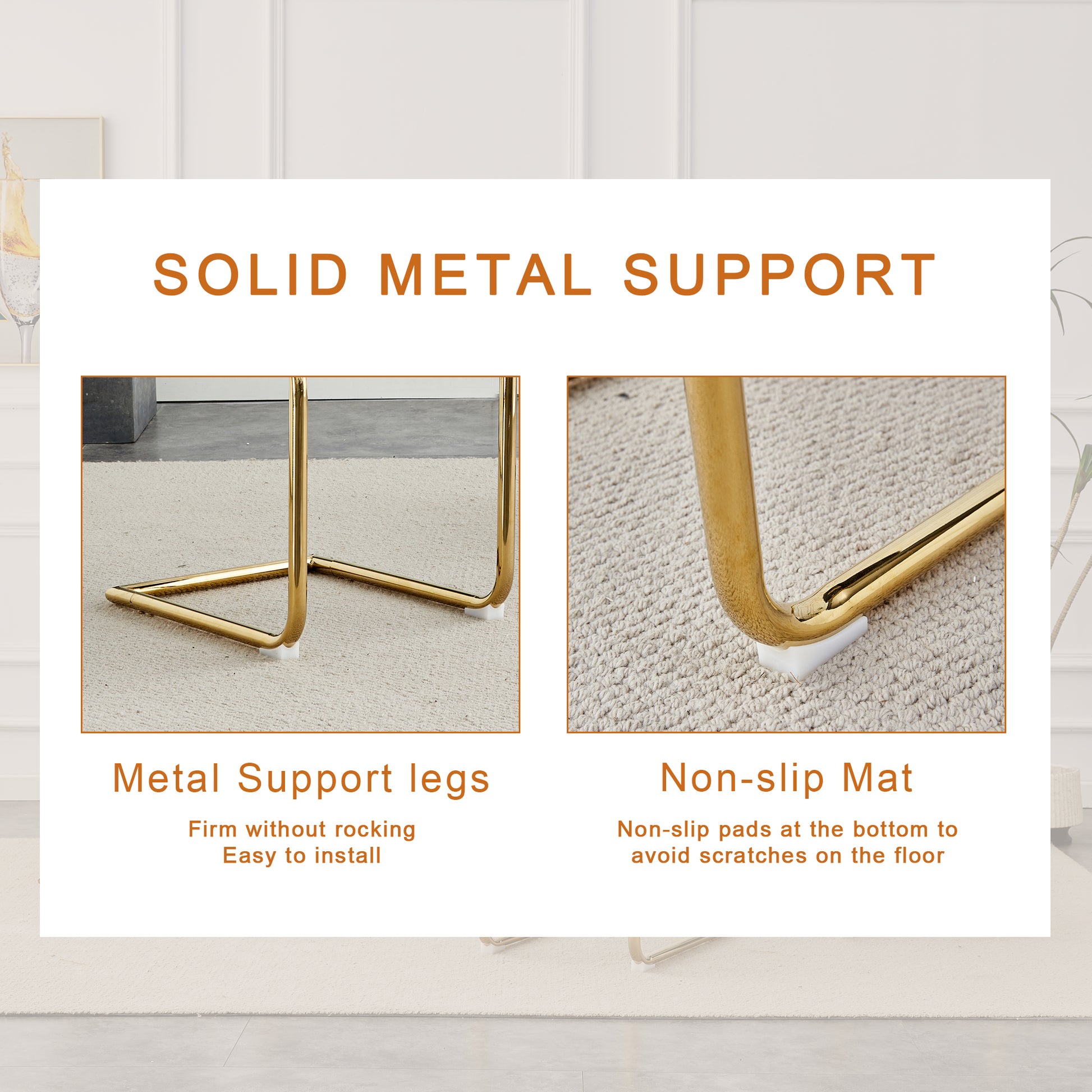 Gold metal table legs with white nonslip pads for stability and floor protection