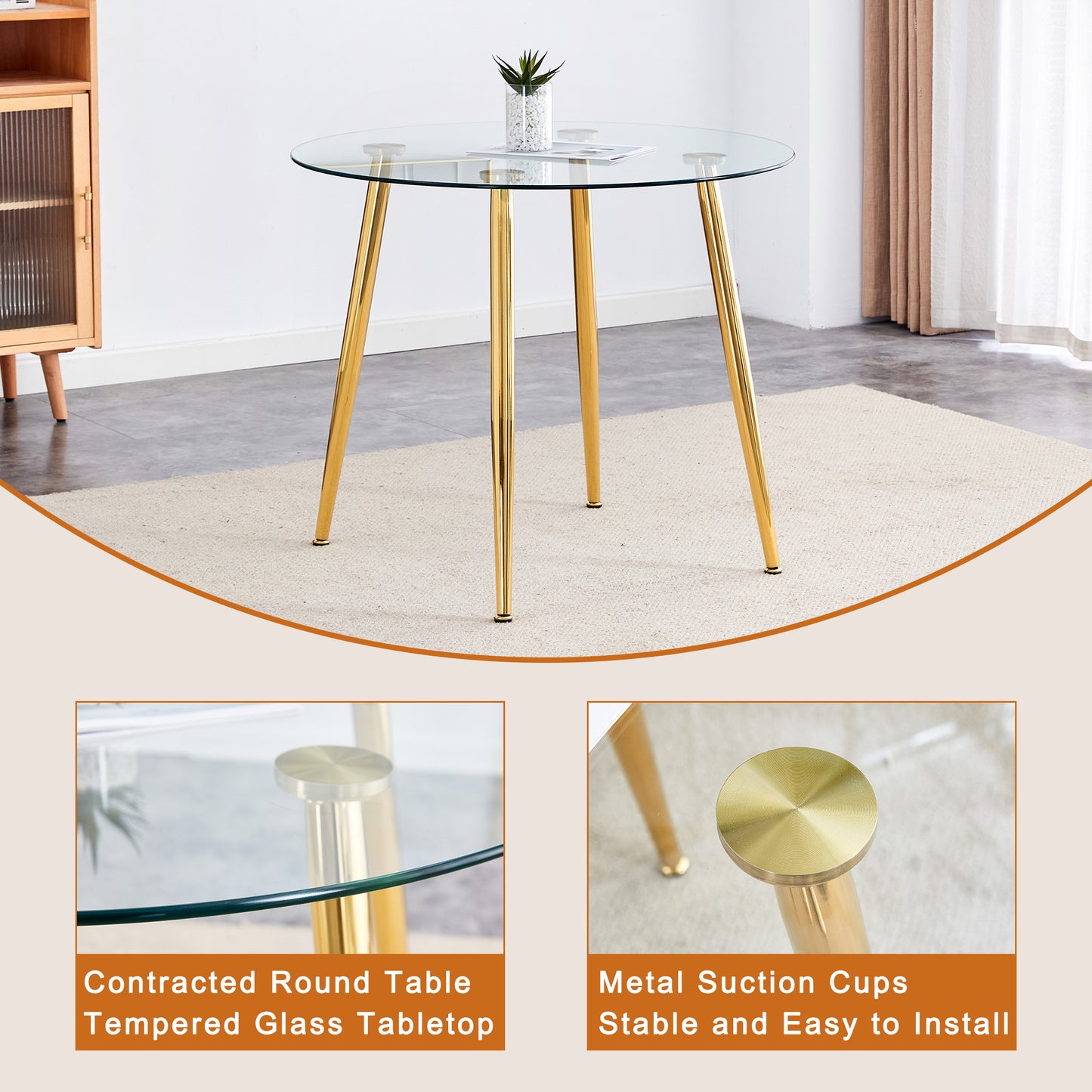 Round glass dining table with gold metal legs