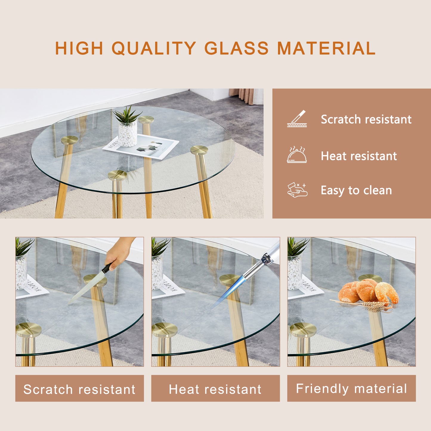 Round glass coffee table with gold metal legs and decorative plant