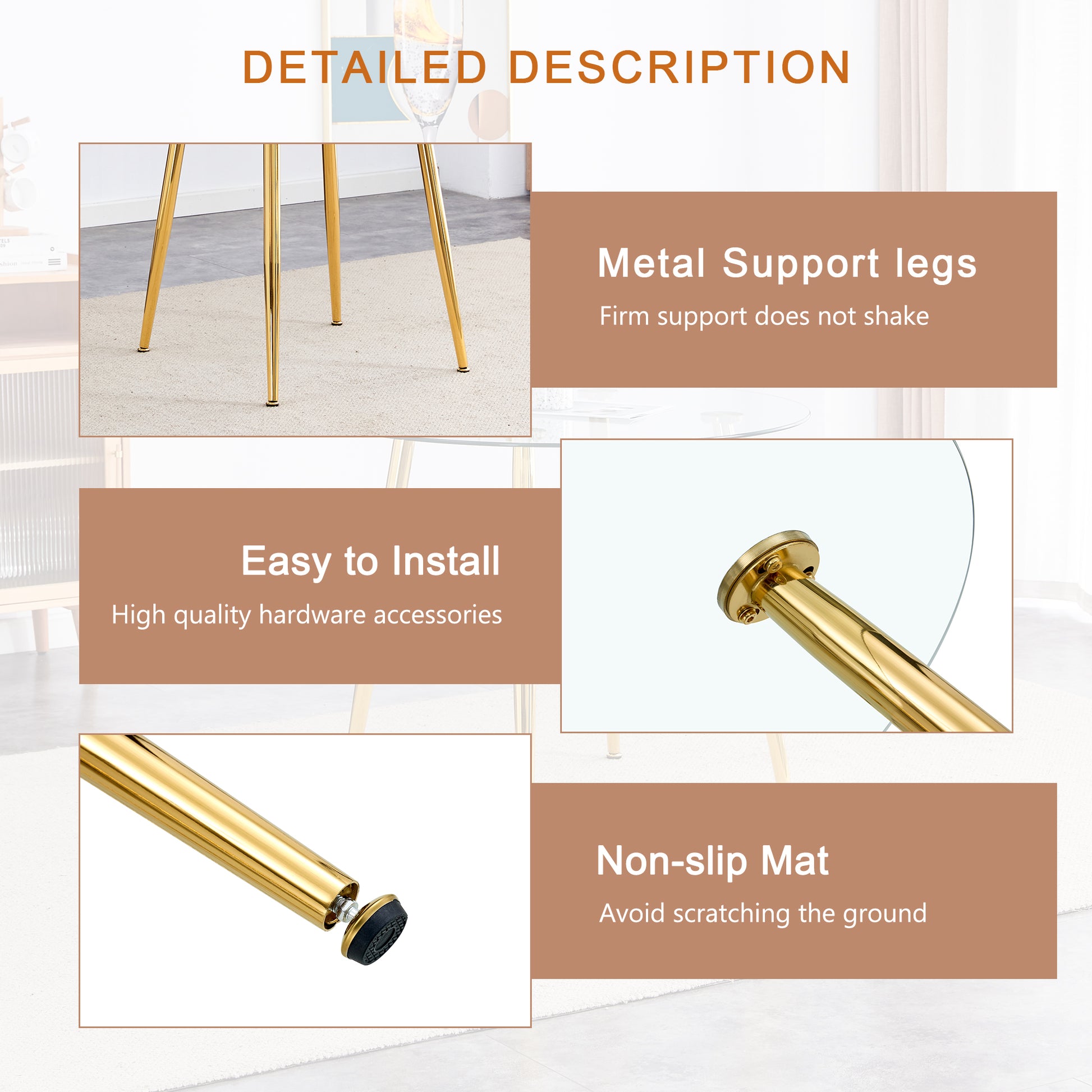 Gold metal table legs with nonslip feet