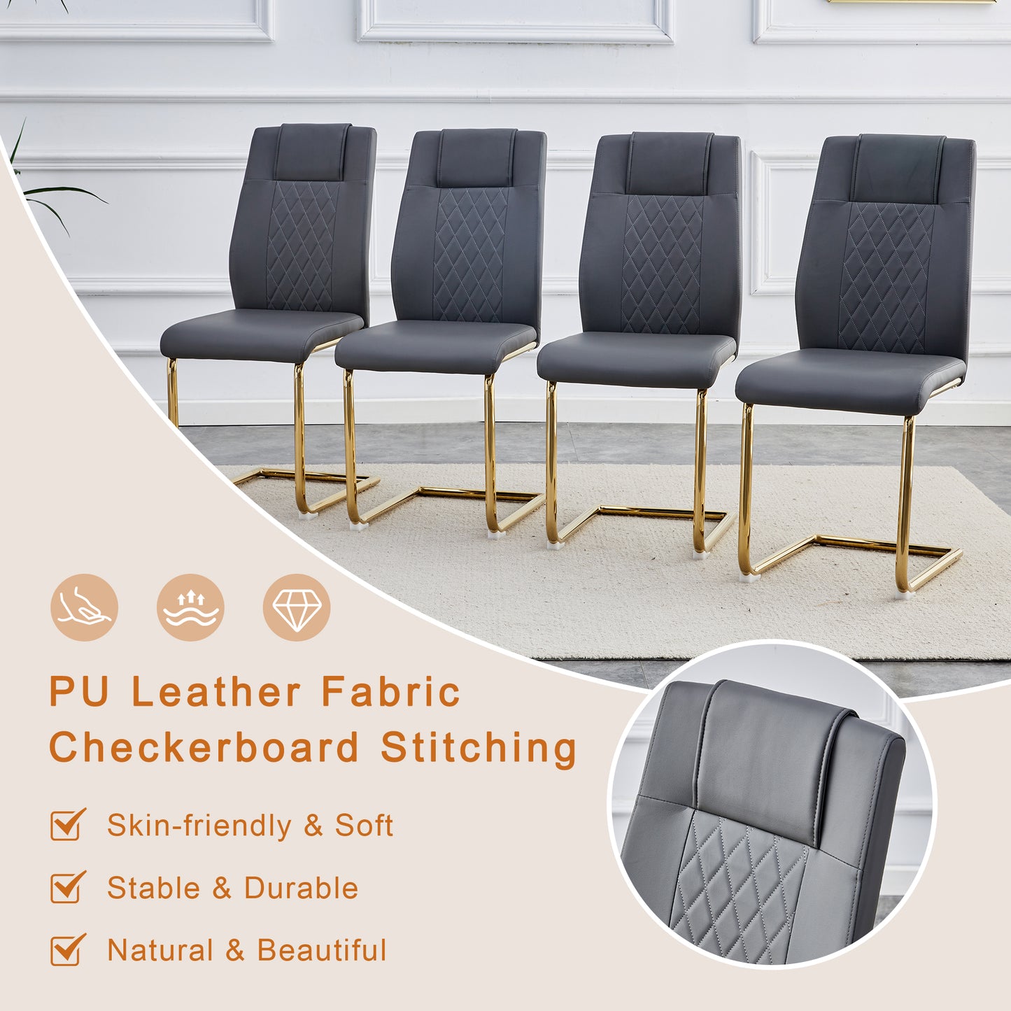 Four gray PU leather dining chairs with gold sled legs and diamond stitching