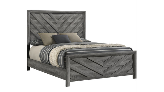 Rustic gray wood king bed with chevron headboard design and striped bedding