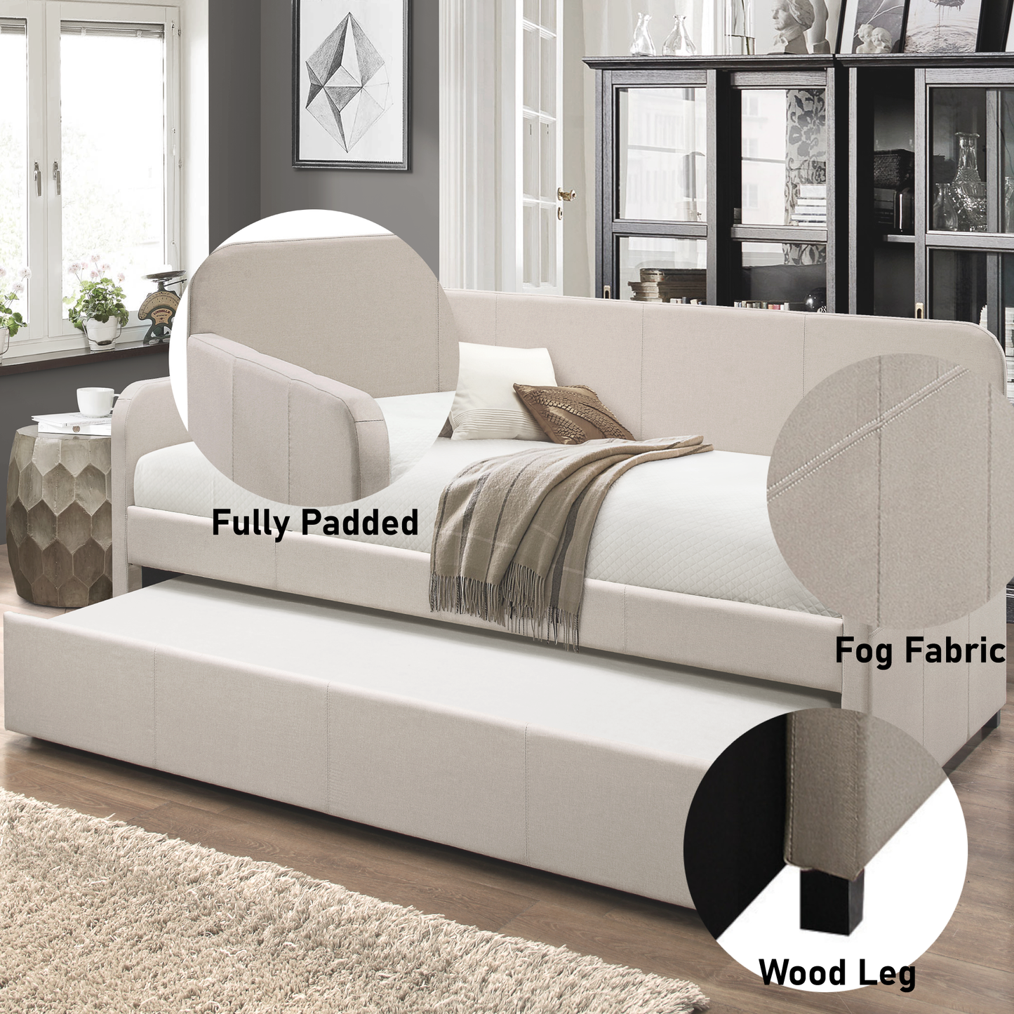 Space-Saving Fabric Daybed with Roll-Out Trundle in Fog