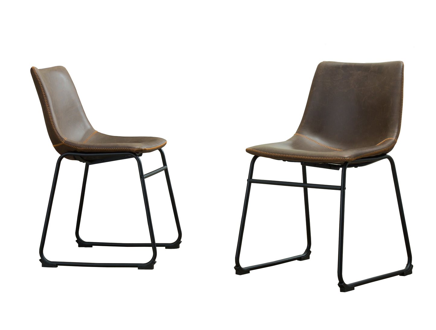 Brown faux leather dining chair with orange stitching and black metal legs