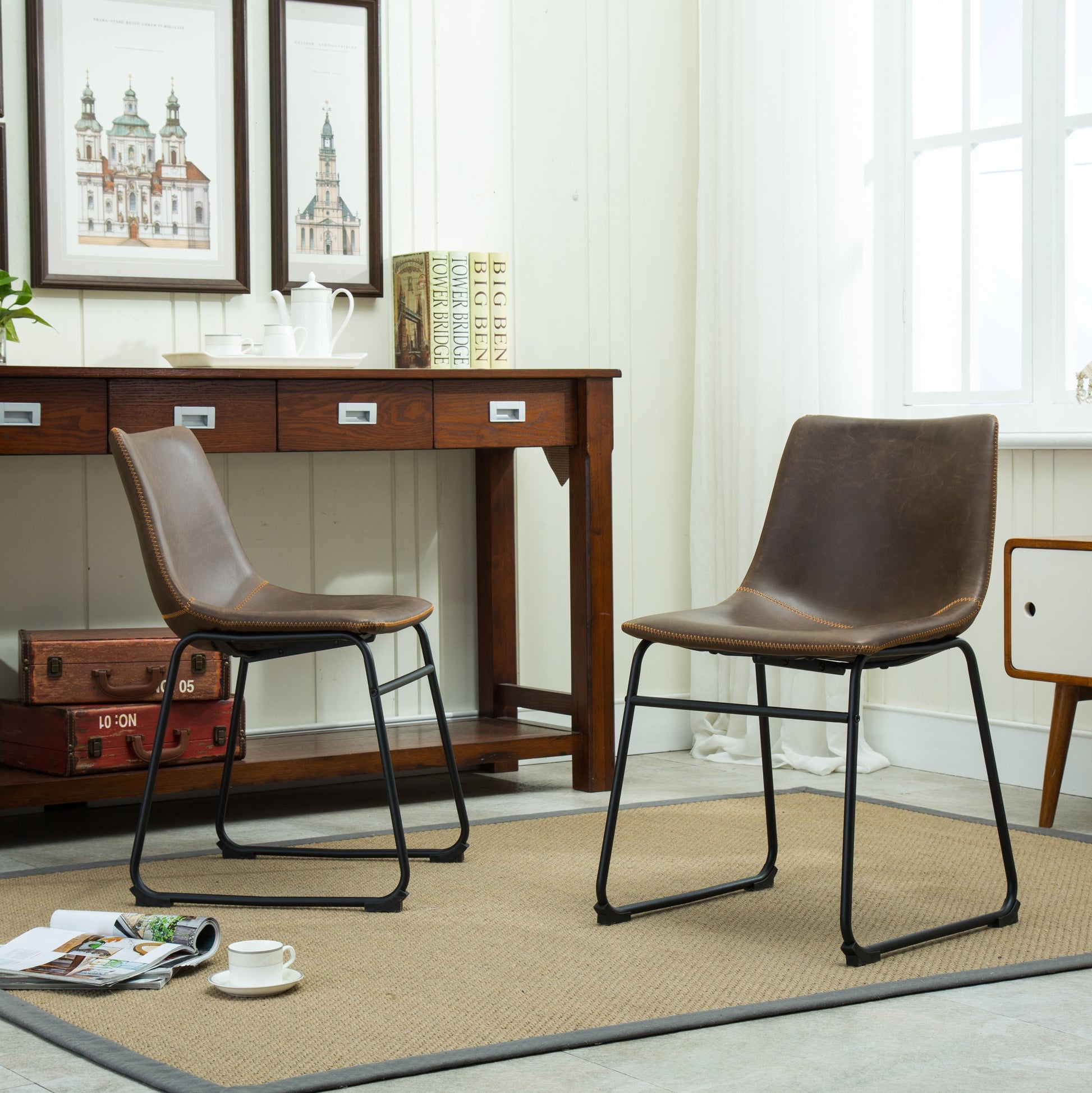 Brown faux leather dining chair with black metal legs