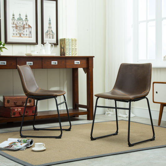 Brown faux leather dining chair with black metal legs