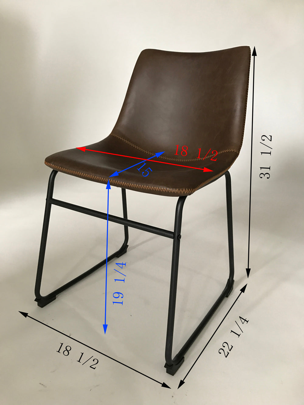 Brown faux leather dining chair with black metal legs and stitched detailing
