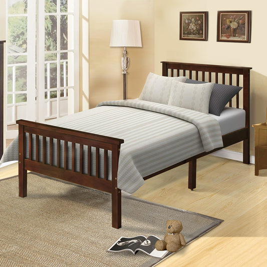 Dark wood twin bed frame with slatted headboard and footboard