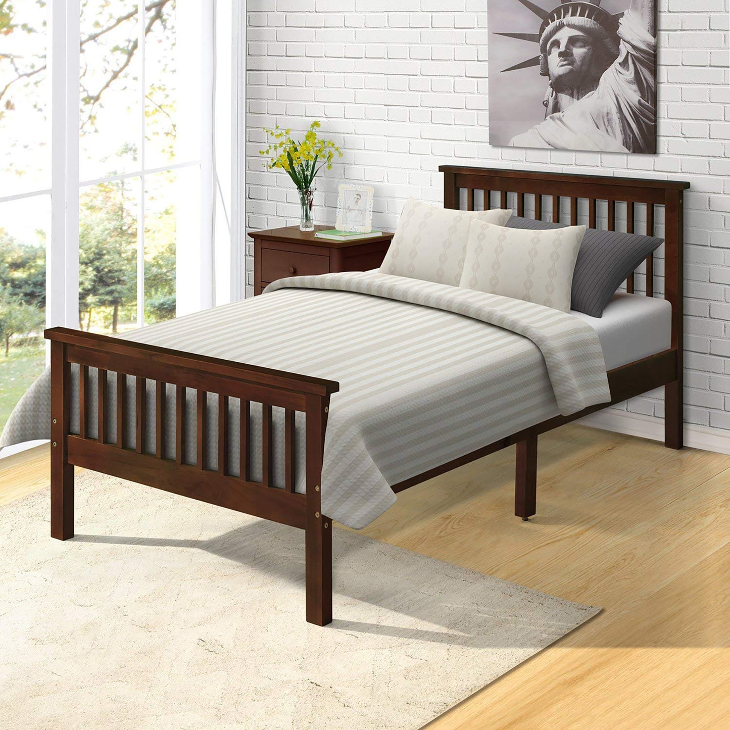 Dark brown wooden slat headboard bed frame with striped bedding and pillows