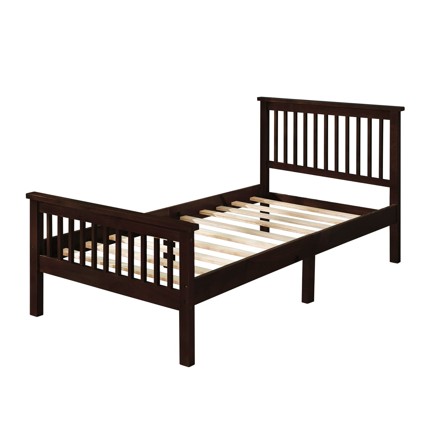Dark brown wooden twin bed frame with slatted support and vertical spindle headboard and footboard