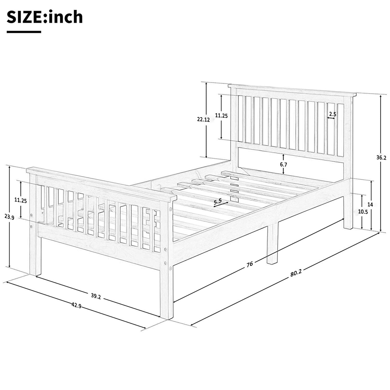 Wooden twin bed frame with slatted headboard and footboard detailed dimensions shown