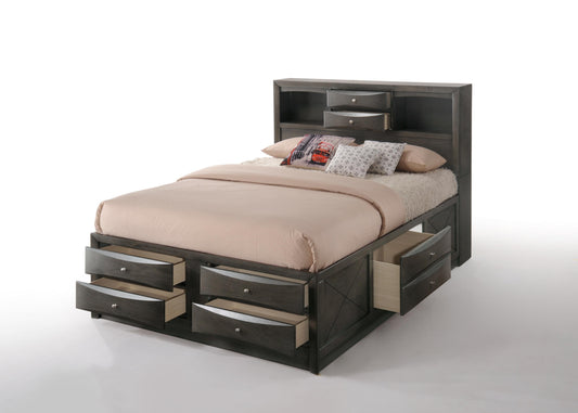 Dark gray wooden queen bed frame with multiple storage drawers and headboard shelves