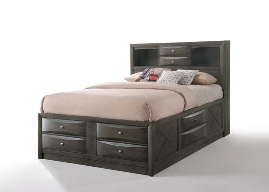 Dark gray wooden bed frame with bookshelf headboard and six drawers for storage