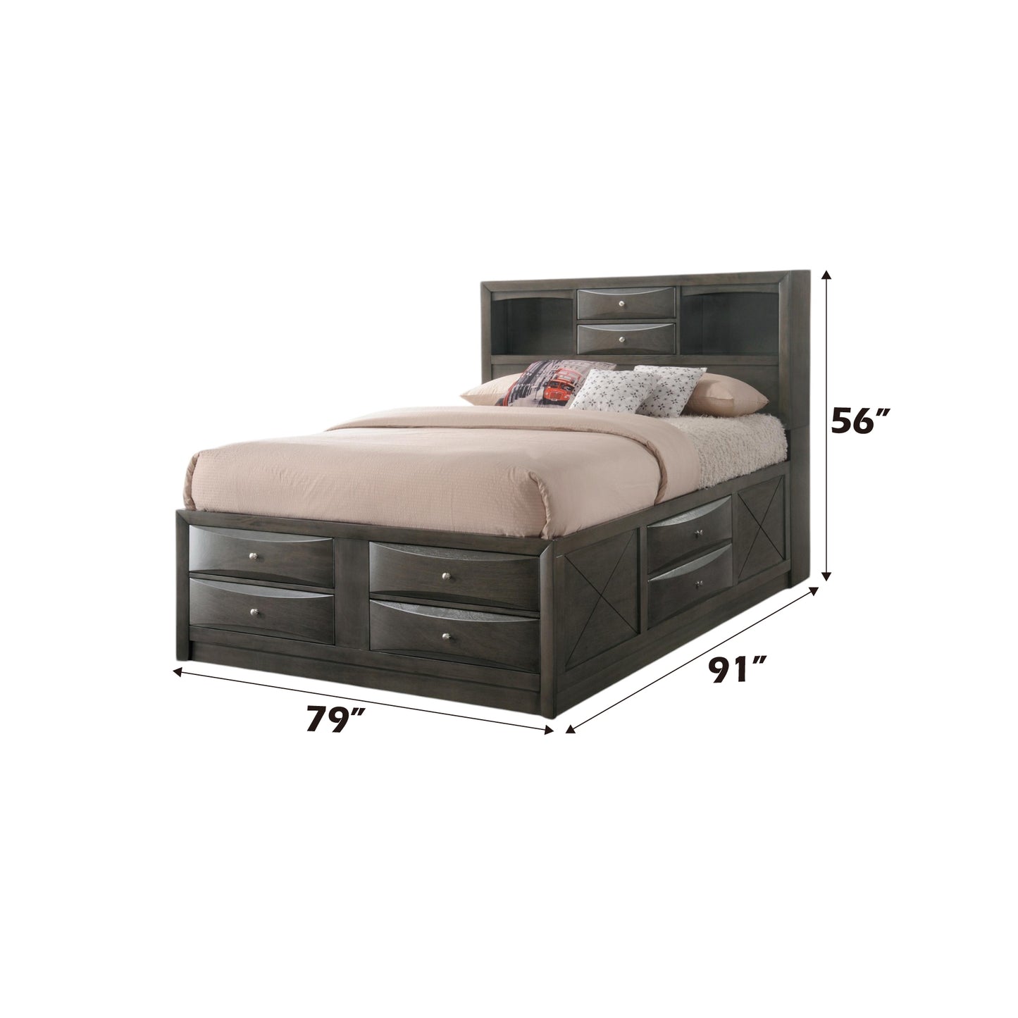 Gray Oak Finish Storage Bed with Built-In Bookcase Headboard