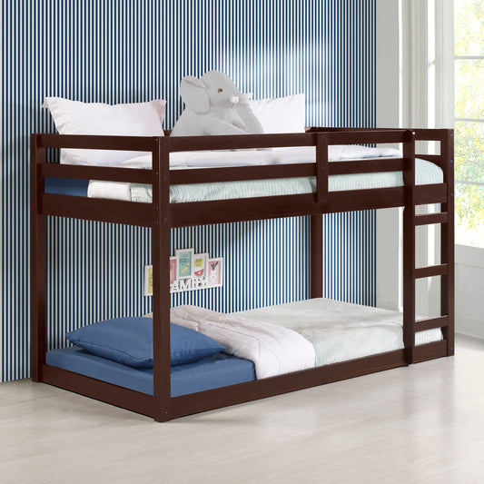 Dark brown solid wood bunk bed with white and blue striped wallpaper background
