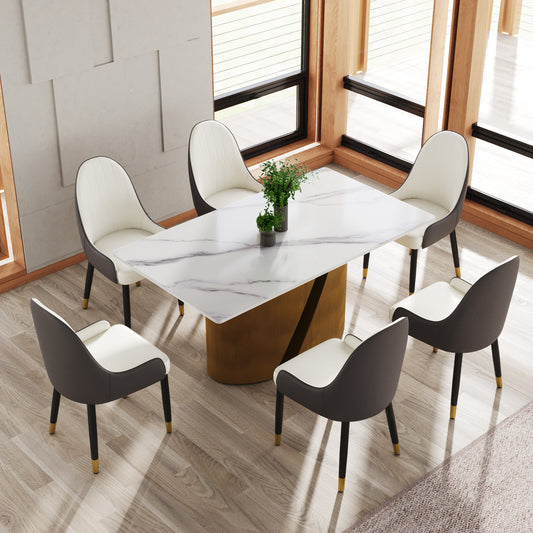 Modern dining set with marblelook tabletop and dark greywhite upholstered chairs