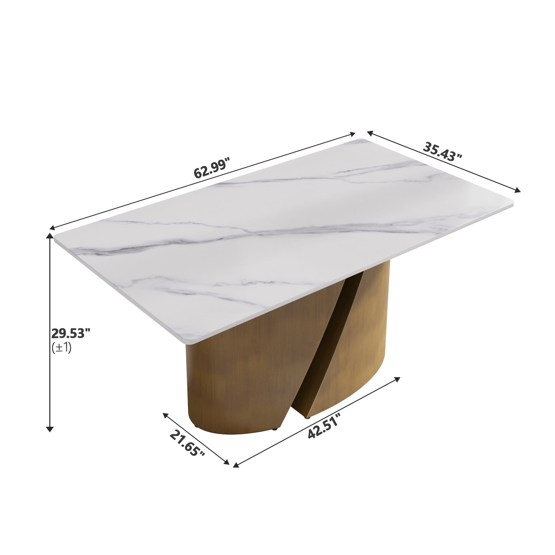 Modern rectangular dining table with white marble top and gold pedestal base