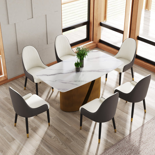 Modern dining table set with white and grey upholstered chairs