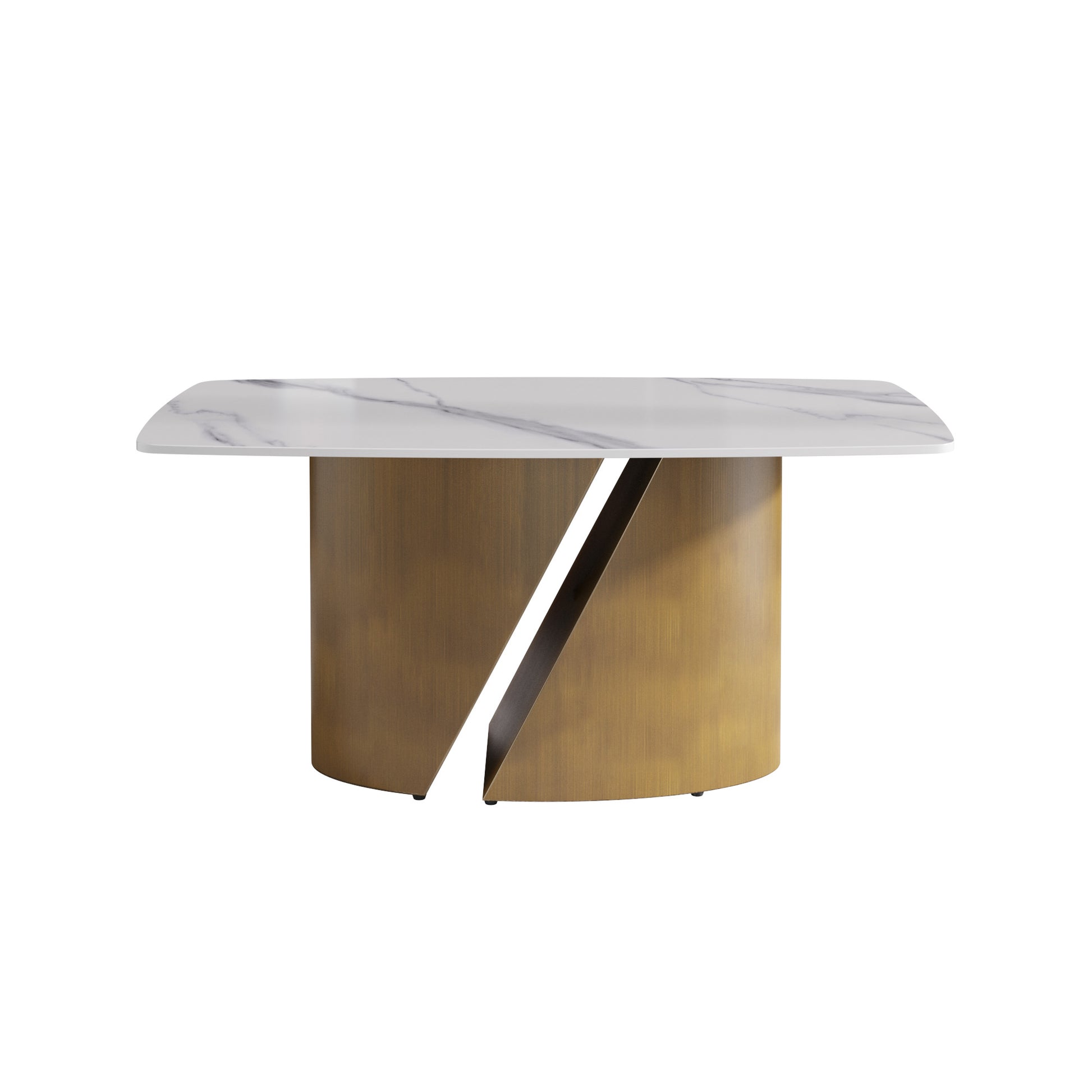 Modern marble top coffee table with a brushed brass cylindrical base
