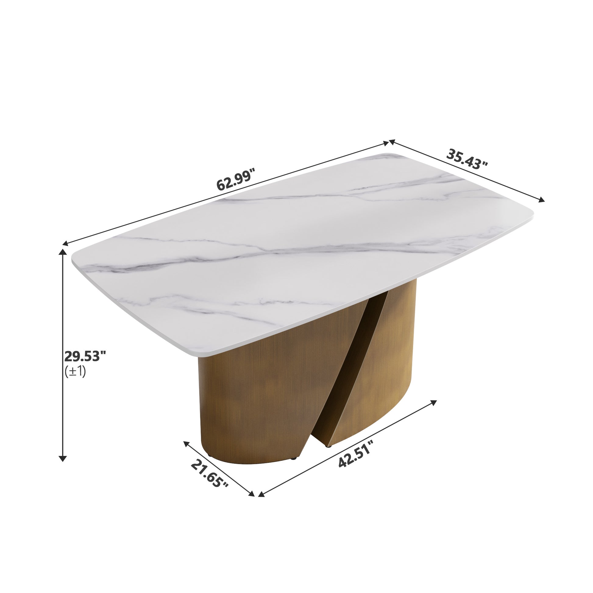Modern white marble dining table with brushed brass pedestal base