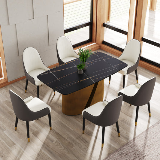 Modern black dining table with gold marble veins and six chairs