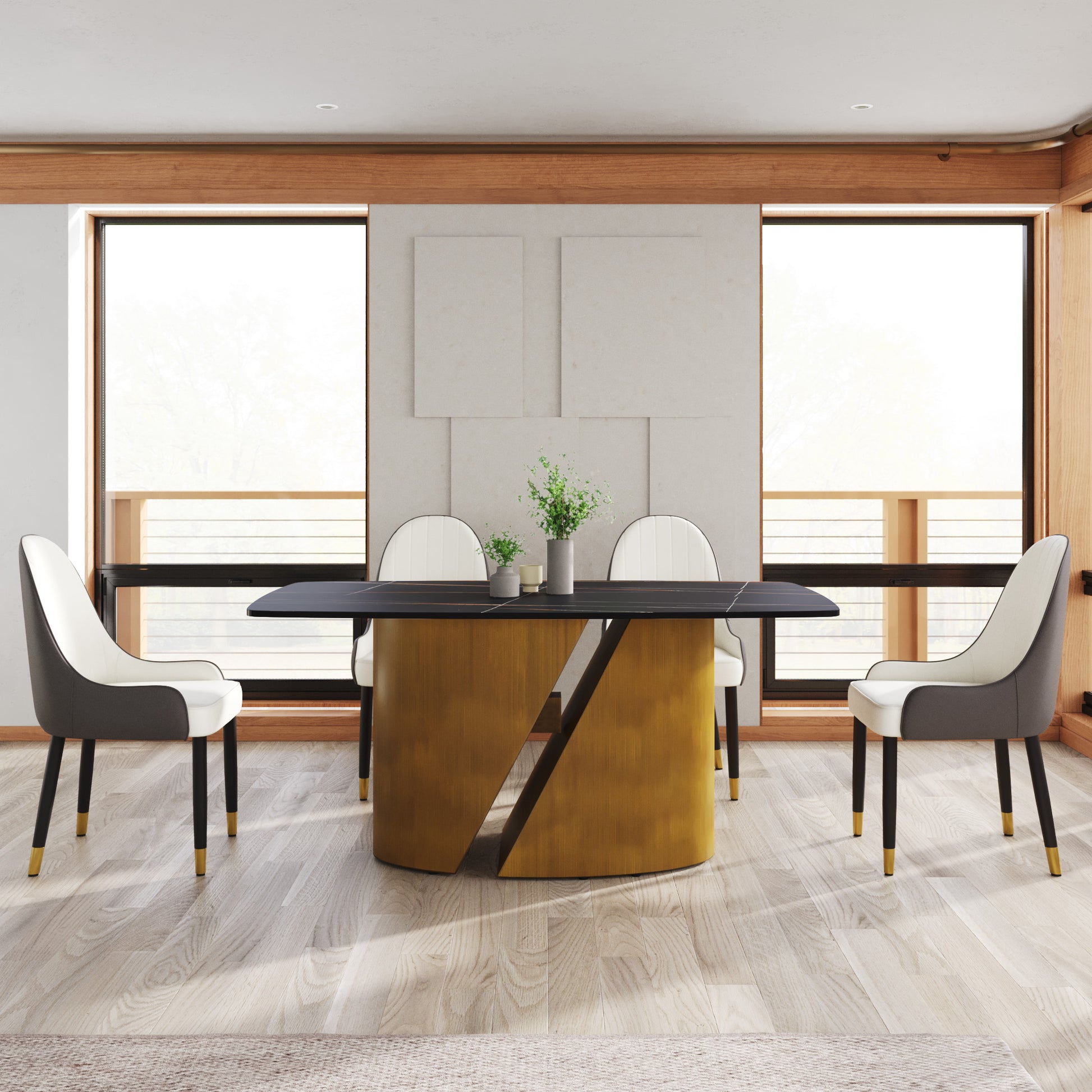 Modern dining set with black marble top table and gold pedestal base