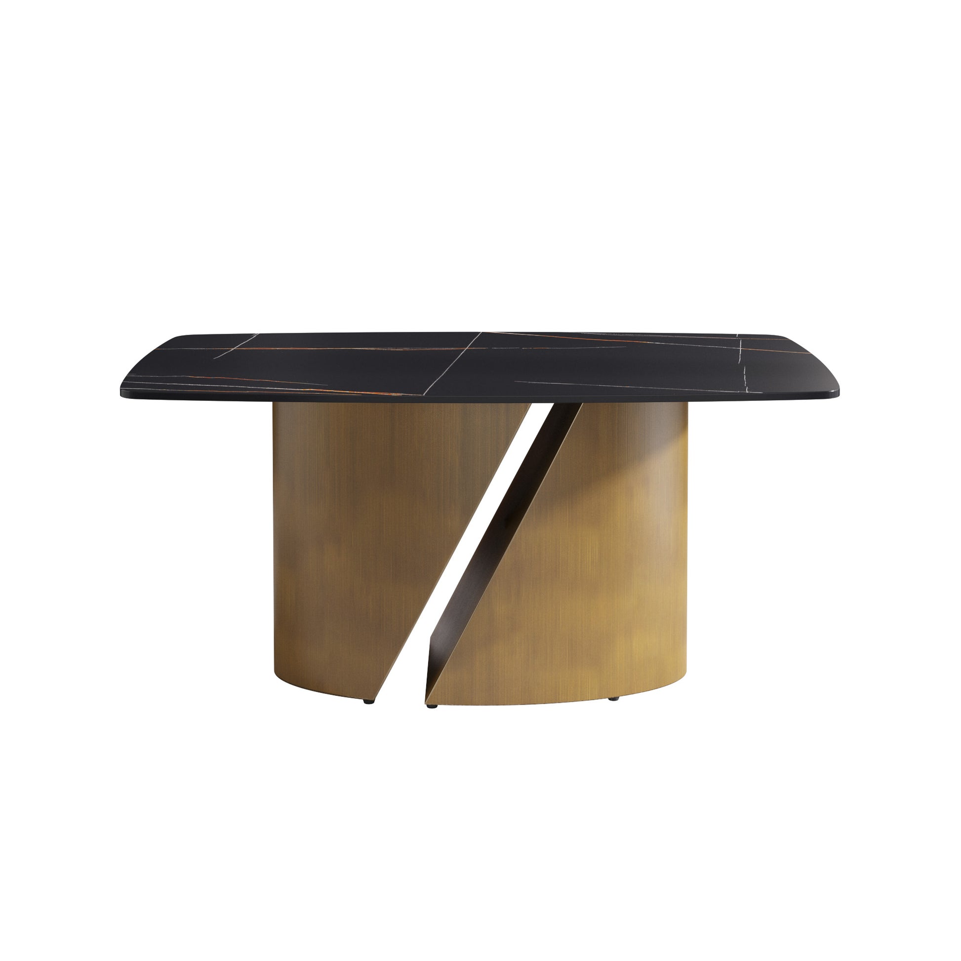 Modern coffee table with black marble top and brushed brass pedestal base