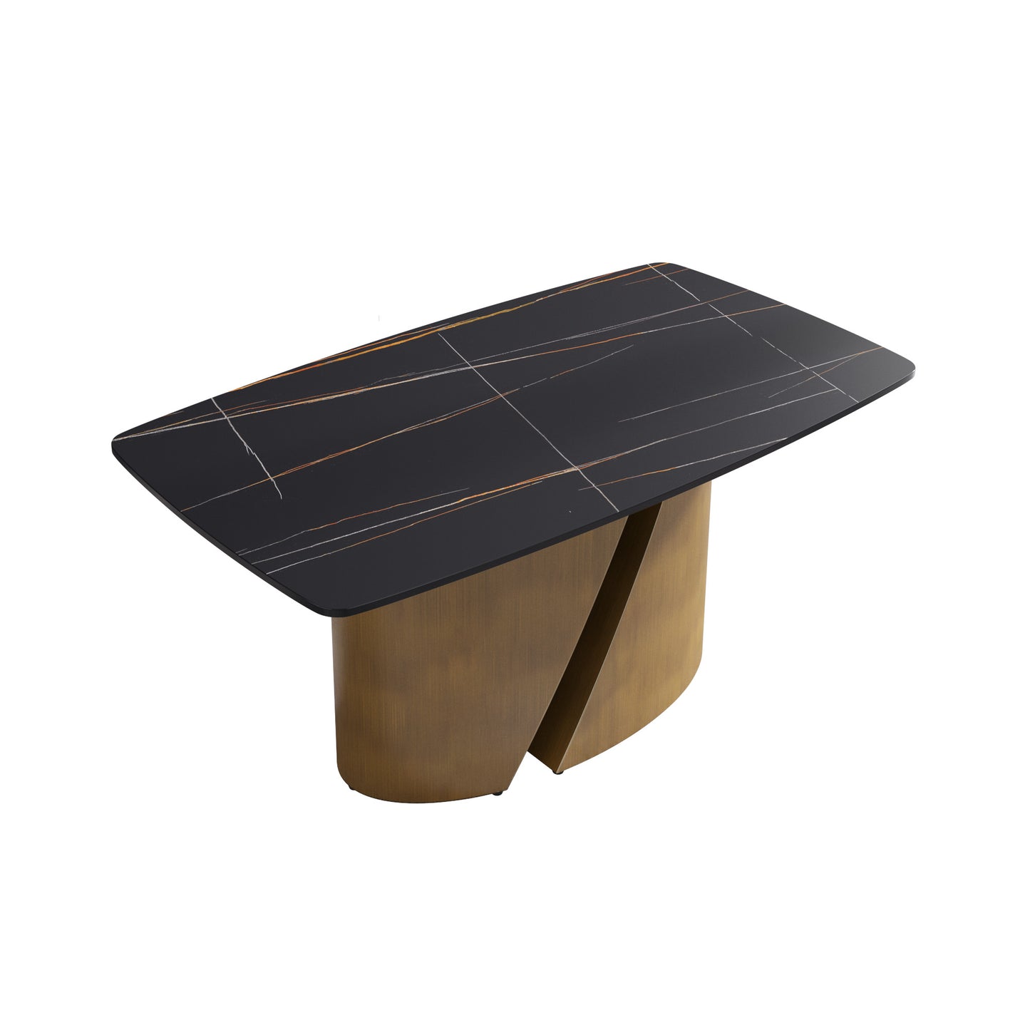 Dark marble coffee table with brass geometric base and gold veining