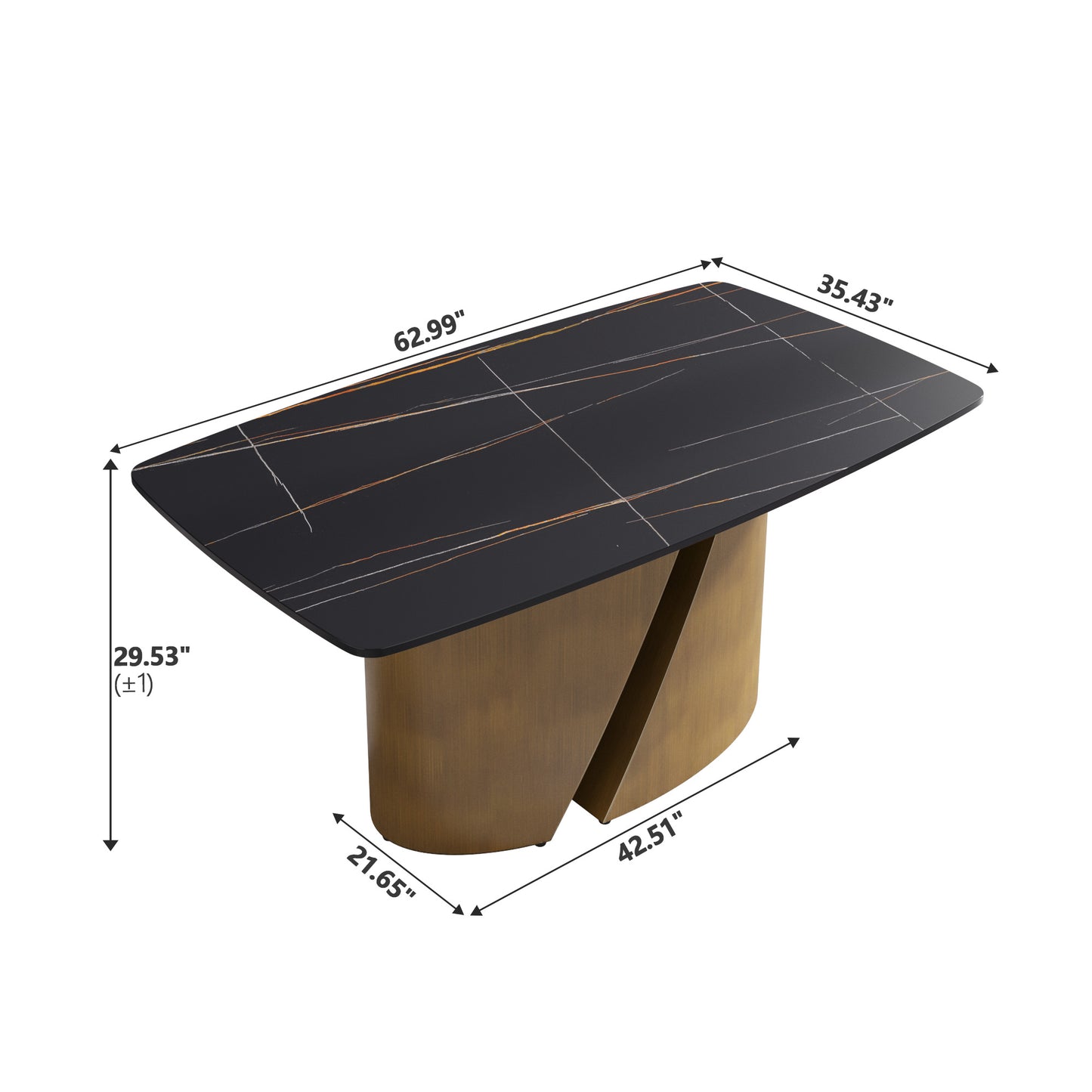 Modern black marble dining table with gold veining and a brushed gold pedestal base