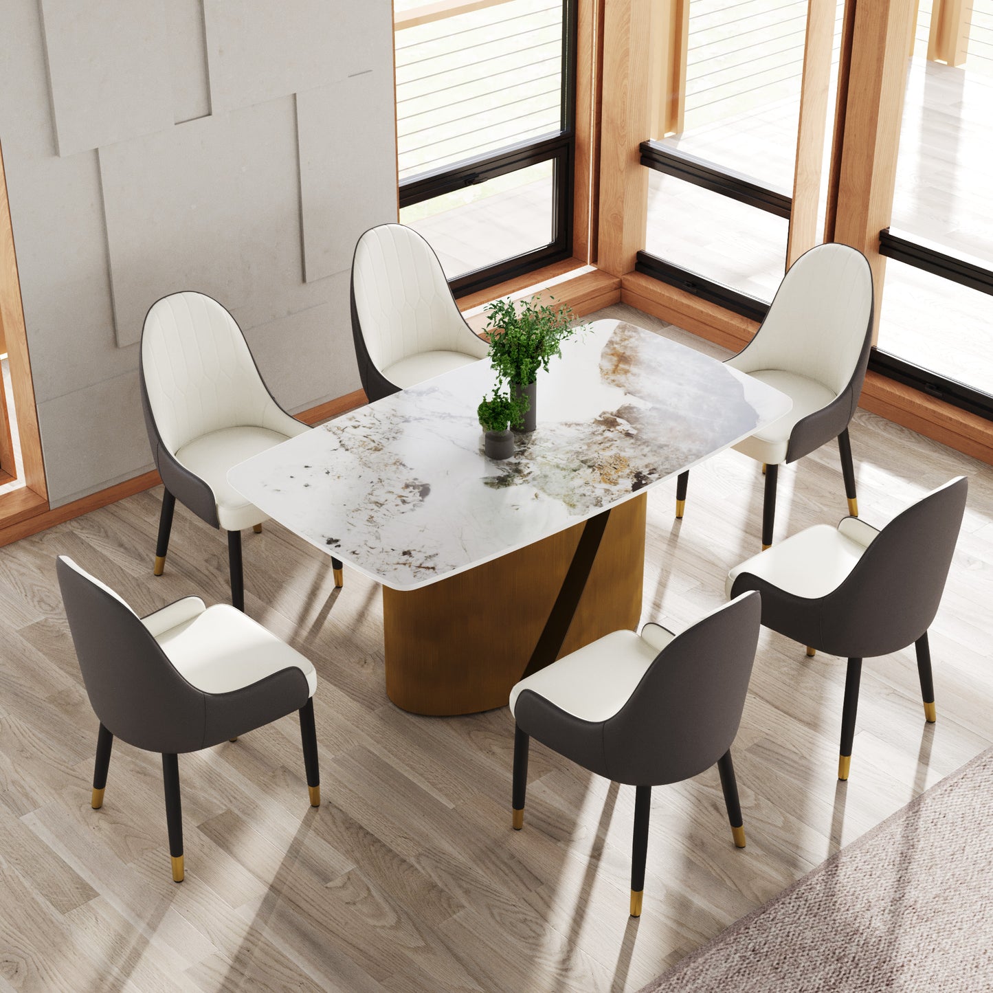 Modern dining table set with marblepatterned top and gold base