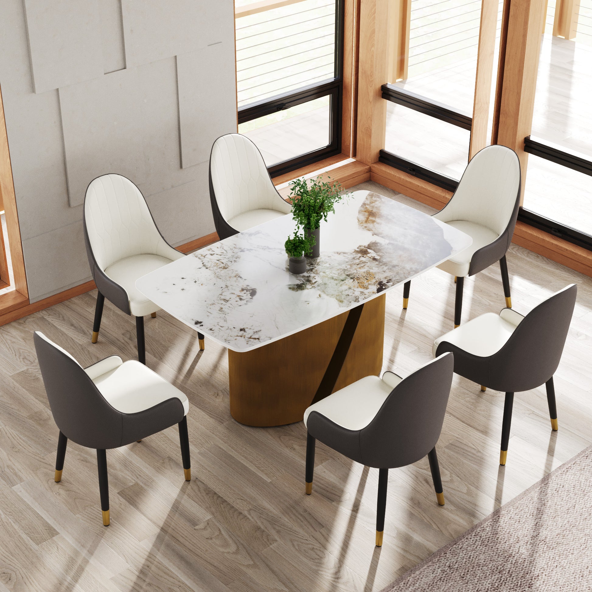 Modern dining table set with marblepatterned top and gold base