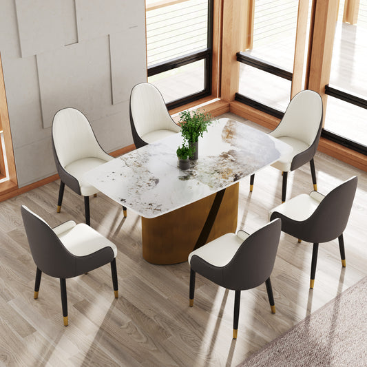 Modern dining table set with marblepatterned top and gold base