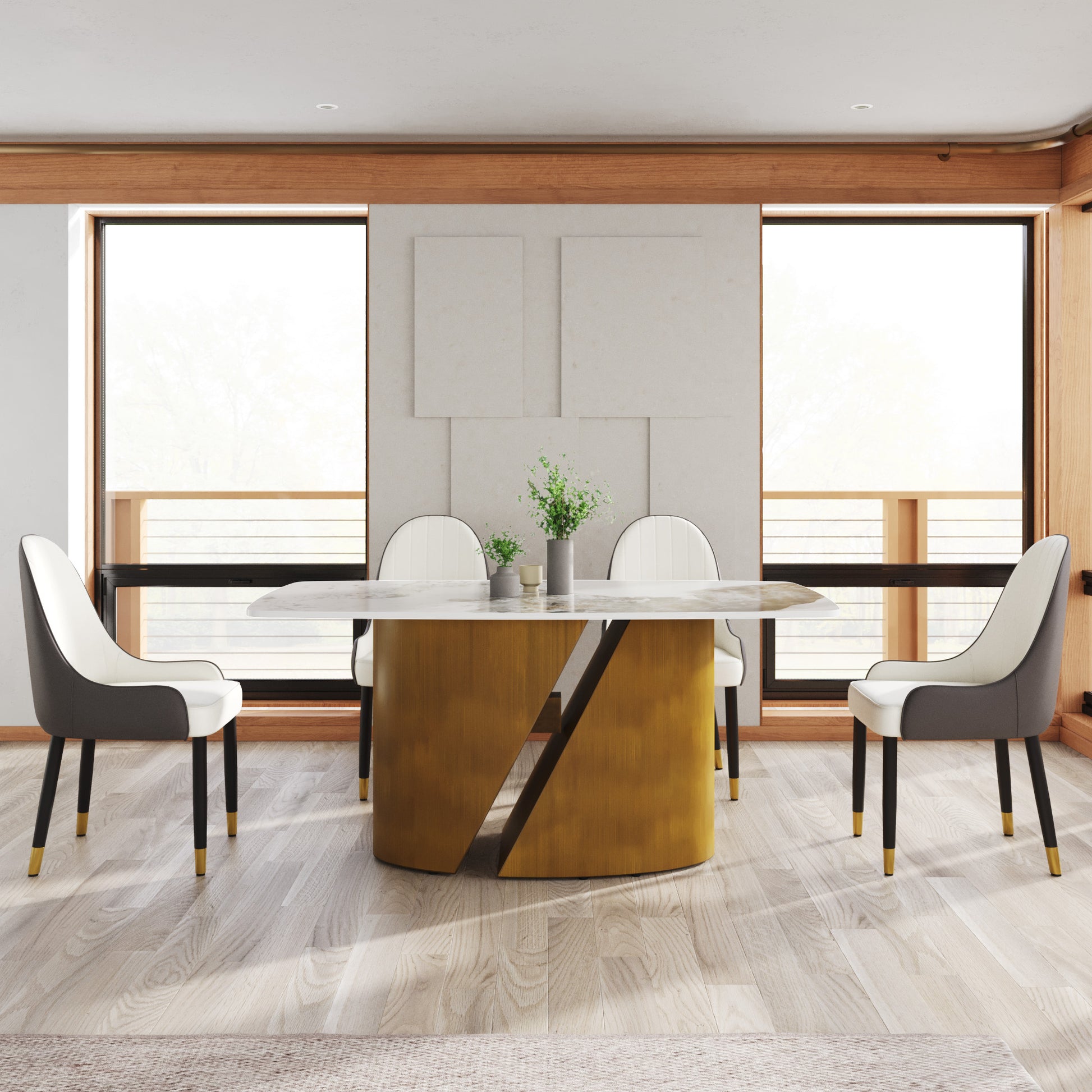 Modern marble dining table with gold pedestal base and upholstered chairs