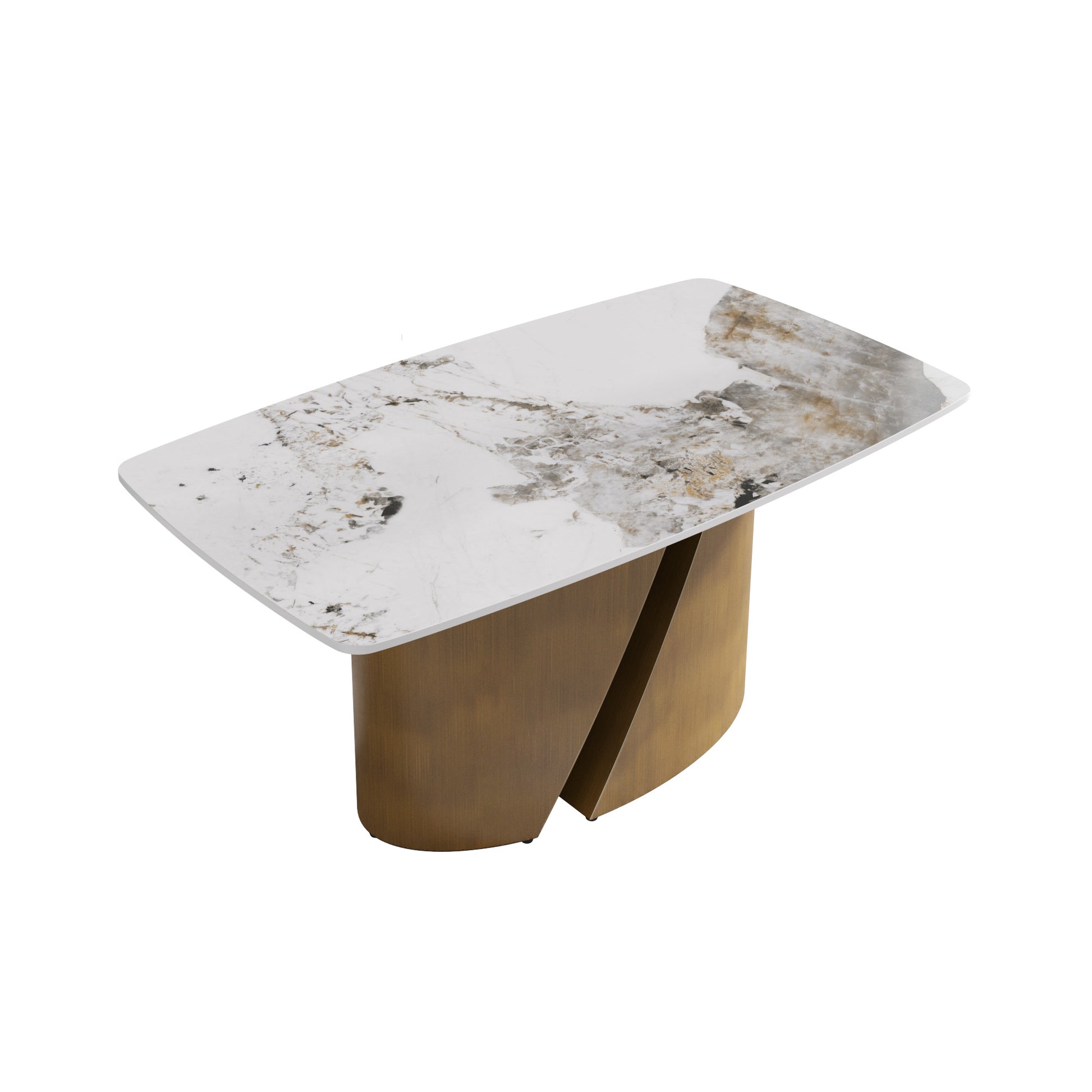Modern coffee table with white marble top and brushed brass base