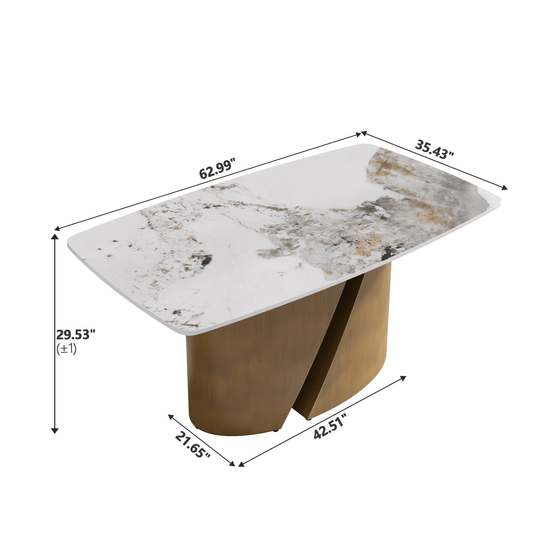 Modern dining table with white marble top and brushed brass base
