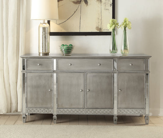 Silver mirrored accent cabinet with four doors and two drawers