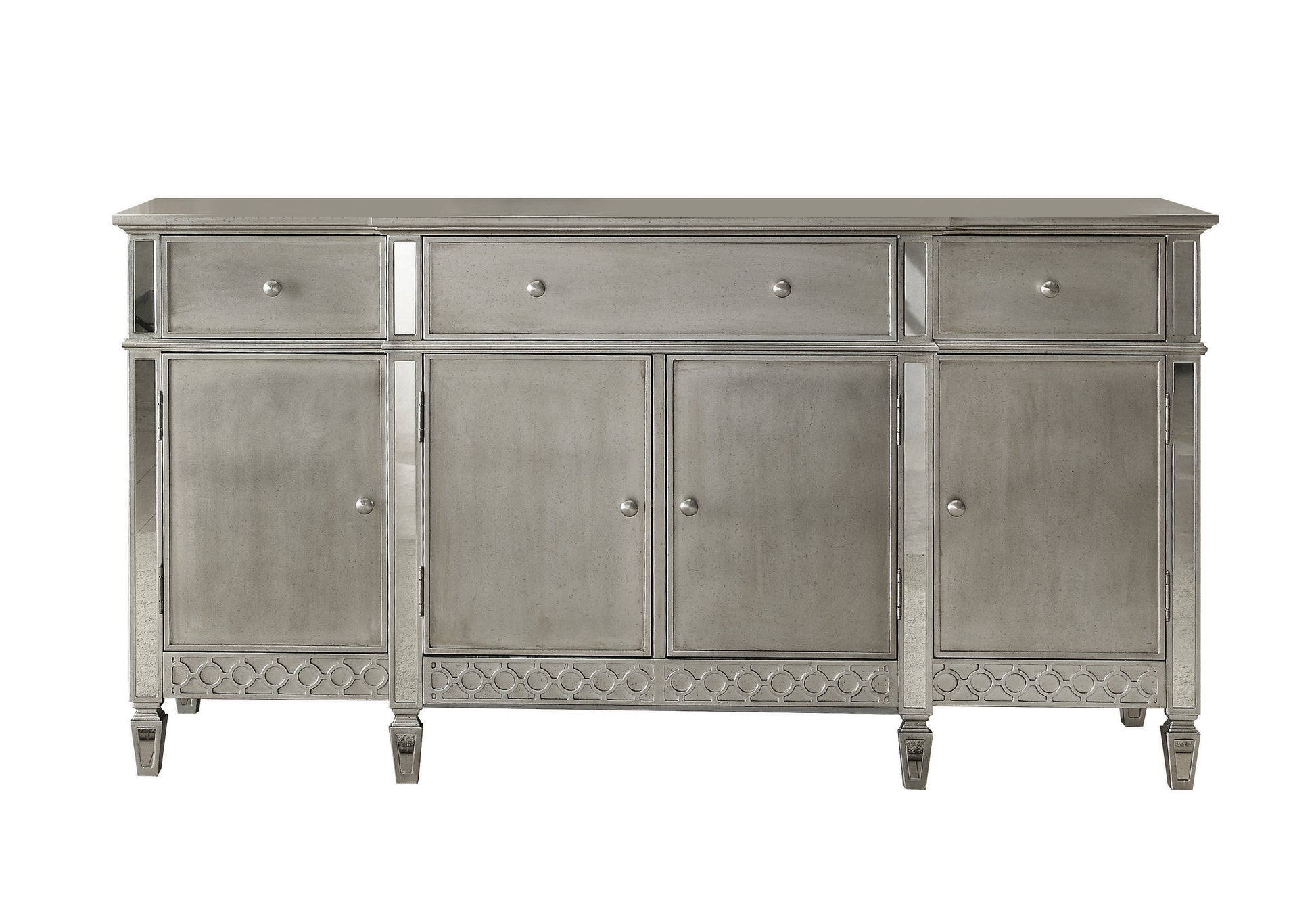 Elegant silver buffet cabinet with mirrored accents and ornate legs
